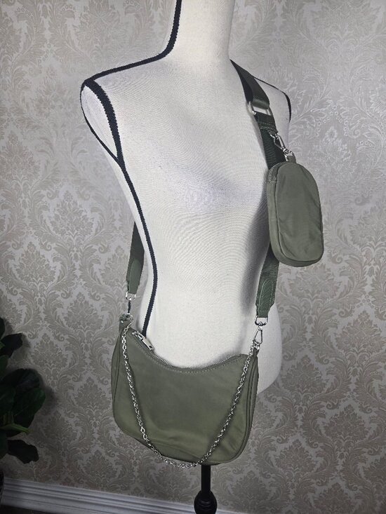 None Handbags - Olive Green NYlon Crossbody Bag Removable Pouch Canvas Adjustable Strap Chain